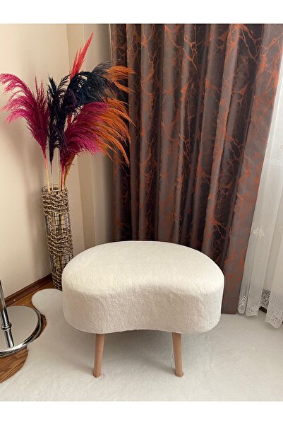 Bounteous Fasulye Model Ahşap Ayaklı Teddy Kumaş Dekoratif Puf Beyaz