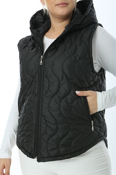 Şans Γυναικείο Plus Size Μαύρο Καπιτονέ γιλέκο τσέπης με κουκούλα 65N38335