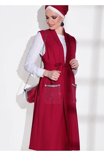 TRENDTESETTÜR سترة نسائية ذات جيوب حمراء مرصعة بالأحجار اللامعة 70361