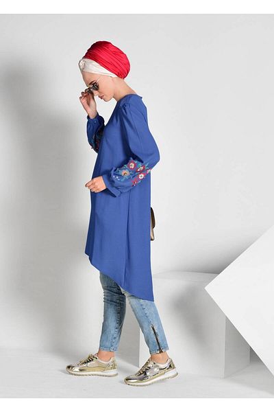TRENDTESETTÜR Women's Navy Blue (NDIGO) Embroidered Detailed Asymmetric Cut Tunic 35071