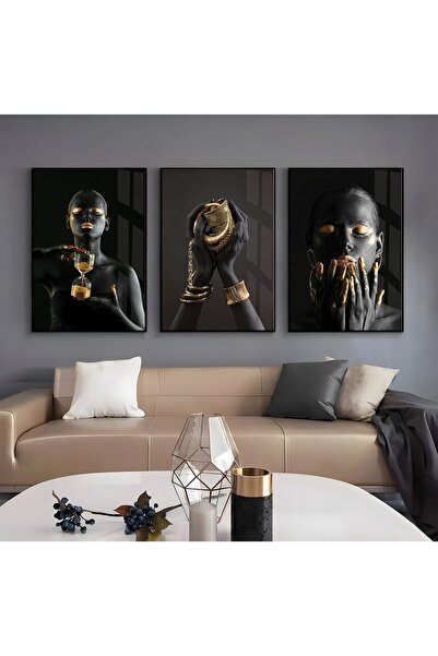 EMYA HOME Γυάλινος πίνακας με μεταλλικό πλαίσιο και τριπλά χρυσά φύλλα