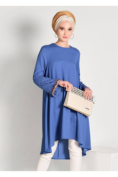 TRENDTESETTÜR Women's Navy Blue (NDIGO) Bead Embroidered Asymmetric Cut Tunic 02071