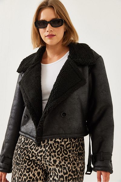 Bianco Lucci Women's Aller Detail Crop Laminated Coat 2612 60351246