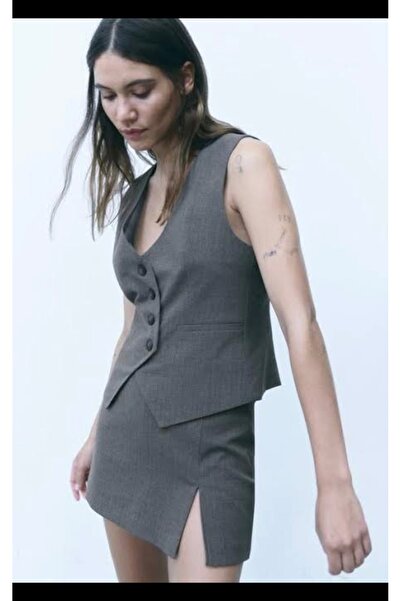 Butik Allbucks Zara - Asymmetrical Buttoned Pinstripe Lined Vest Abzra0178