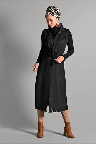 TRENDTESETTÜR Women's Black Tassel Detailed Belted Suede Vest 0418