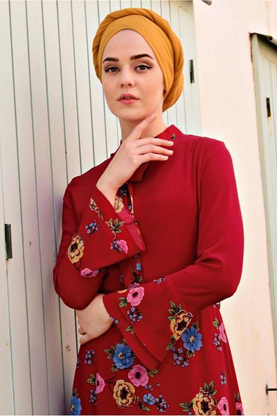 TRENDTESETTÜR Women's Red Collar Lace-up Floral Patterned Dress 89181