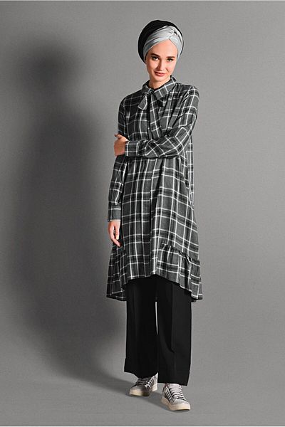 TRENDTESETTÜR Gray Plaid Patterned Women's Tunic - 7406