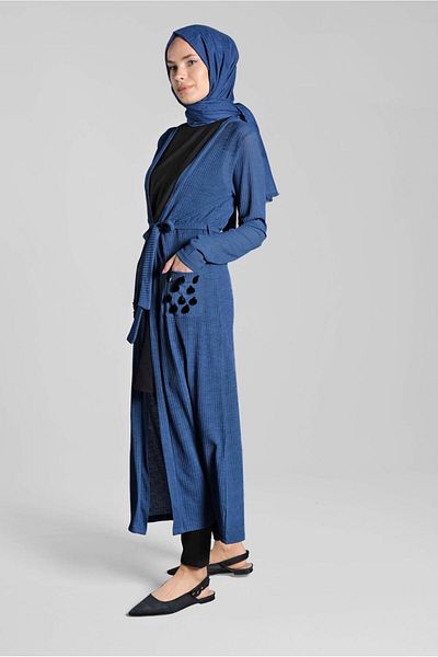 TRENDTESETTÜR Γυναικείο μπουφάν Navy Blue Indigo Sequin με ζώνη μέσης - 2053