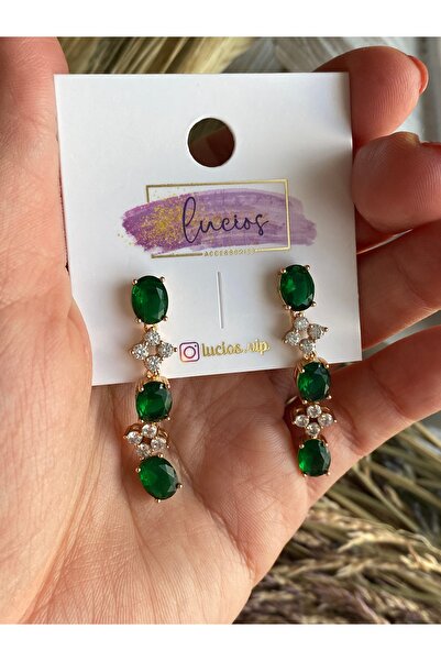 Lucios حلق ذهبي عالي الجودة مرصع بالأحجار باللون الأخضر الزمردي - 4 سم (Rosegold)