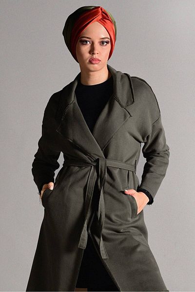 TRENDTESETTÜR Women's Khaki Pocket Detailed Belted Cardigan 3319