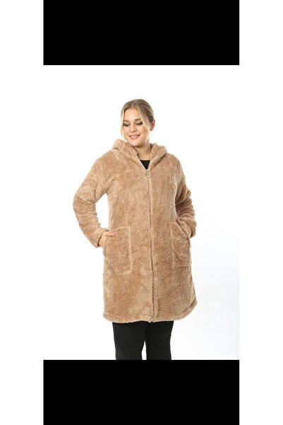 NUR TEKSTİL kadın bej fermuarlı  Kapşonlu cepli  Peluş Hırka