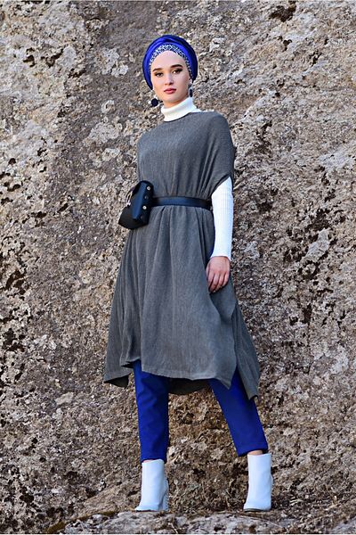 TRENDTESETTÜR Γυναικείο πλεκτό με μανίκια γκρι Bat Poncho 5007