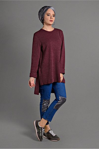 TRENDTESETTÜR Women's Red Double Sleeve Detailed Knitwear Tunic 06971