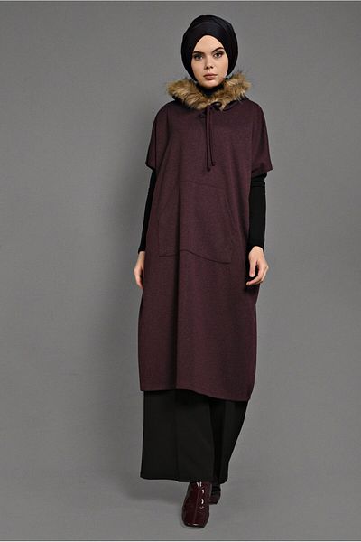 TRENDTESETTÜR Poncho de damă bordeaux cu glugă și buzunar 35181