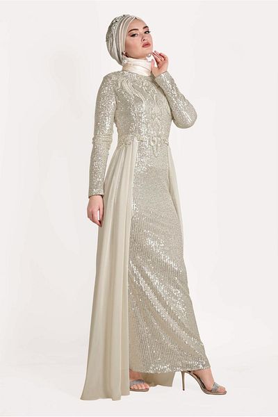 TRENDTESETTÜR Women's Ecru Tulle Detailed Glitter Evening Dress T 24725