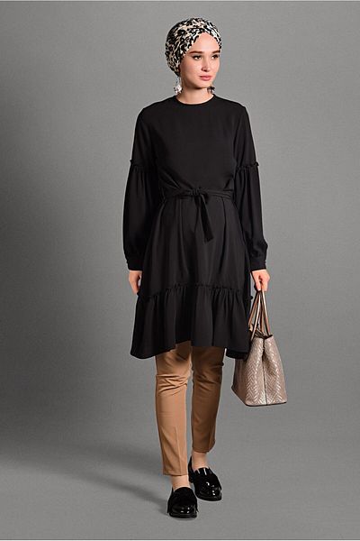TRENDTESETTÜR Women's Black Belted Frilly Tunic 3461