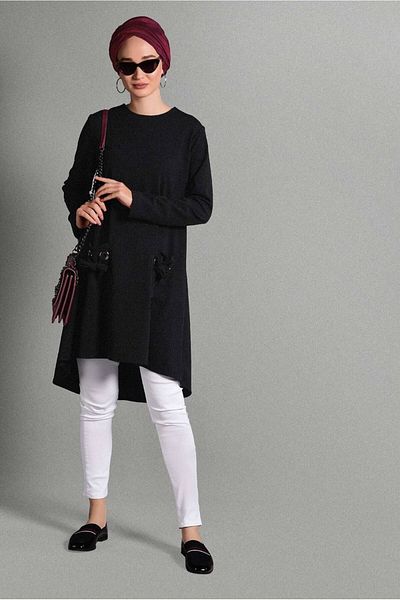 TRENDTESETTÜR Women's Black Pocket Eyelet Detailed Tunic 4988