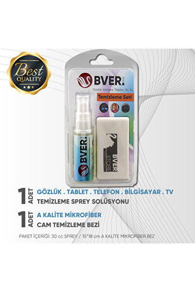 BVER Gözlük Camı Temizleme Sprey Seti - Mikrofiber Bez ve Özel Formül Solüsyon