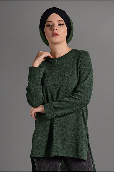 TRENDTESETTÜR Women's Khaki Double Sleeve Detailed Knitwear Tunic 06971