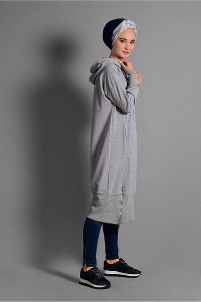 TRENDTESETTÜR Women's Gray Hooded Zipper Detailed Tunic 8918