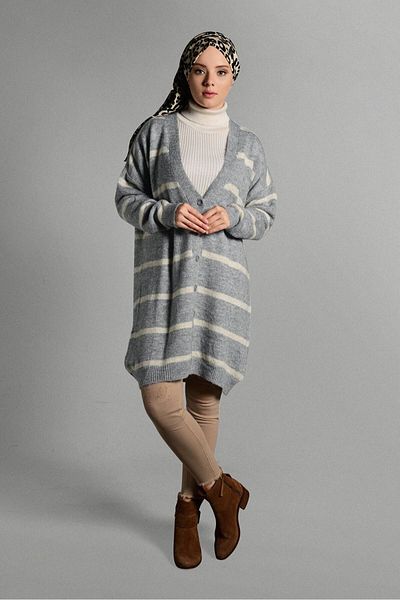 TRENDTESETTÜR Women's Gray Striped Button Detailed Cardigan 3865