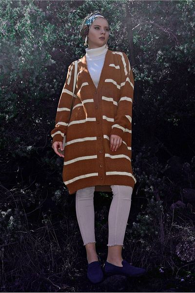 TRENDTESETTÜR Women's Tan Striped Button Detailed Cardigan 3865