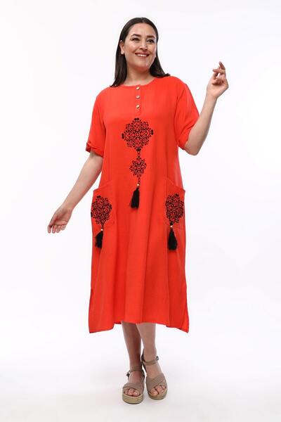 Ebsumu Rochie roșie de in brodat cu buzunar, mărime Plus