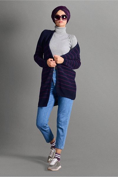 TRENDTESETTÜR Γυναικεία Πλεκτά Ζακέτα Navy Blue ριγέ 5819