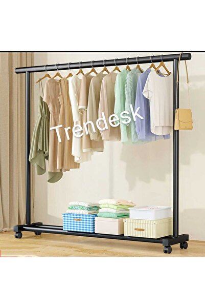 TRENDESK Metal Siyah Düz  Konfeksiyon Askısı  Elbise Askılığı Tekerlekli 1039-CN
