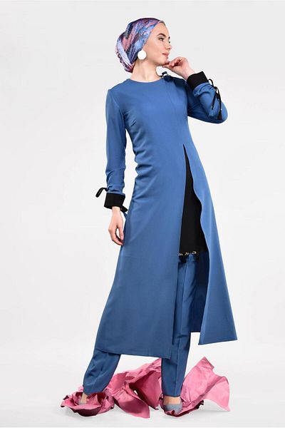 TRENDTESETTÜR Γυναικείο Navy Blue (INDIGO) Φούντα Λεπτομερές Σετ παντελονιού 2 τεμαχίων 951