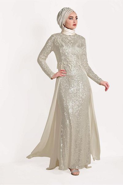 TRENDTESETTÜR Women's Ecru Tulle Detailed Glitter Evening Dress T 24725