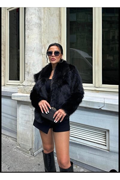 manana fashion Palton de blană neagră de calitate premium