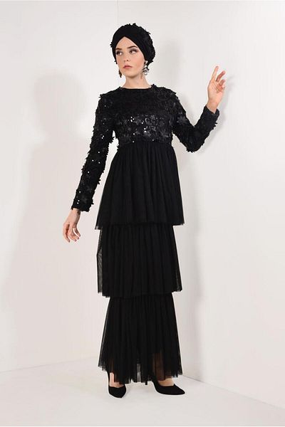 TRENDTESETTÜR Women's Black Three-Dimensional Floral Evening Dress T 6651