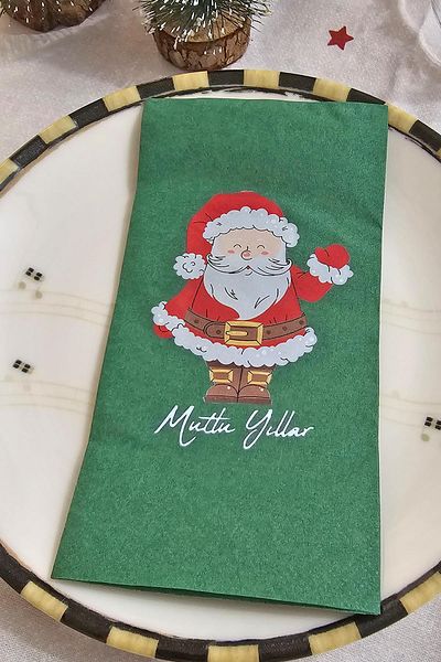 PEKSHOP Santa Claus Printed Green Christmas Napkin - Green Napkin 12 Pack
