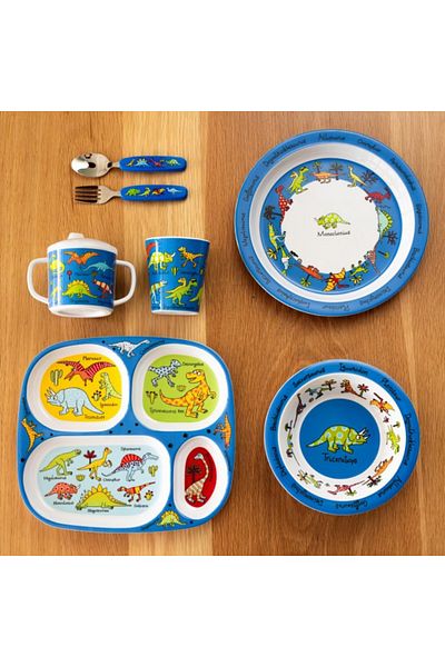 Tyrrell Katz Dino Melamine Divided Plate and Drinking Cup Set - Boxed Fork Spoon