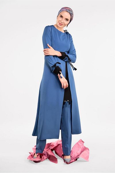 TRENDTESETTÜR Γυναικείο Navy Blue (INDIGO) Φούντα Λεπτομερές Σετ παντελονιού 2 τεμαχίων 951