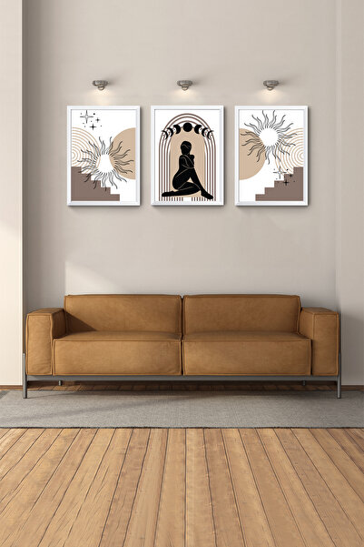 Hagen Beyaz Çerçeveli Tablo Soyut Tablo Modern Tablo 3lü Tablo Yatak Odası Du...