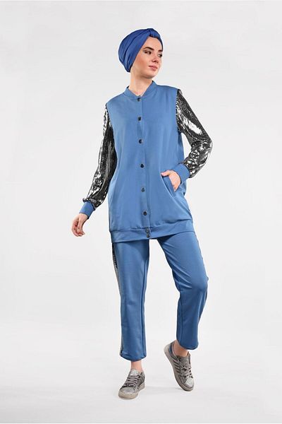 TRENDTESETTÜR Γυναικείο σετ αθλητικής φόρμας Navy Blue (INDIGO) με παγιέτες 44291
