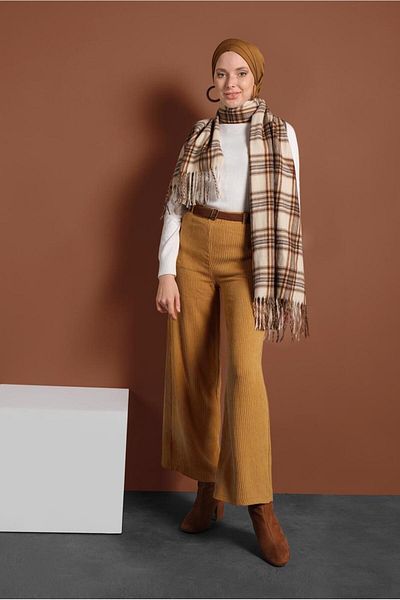 TRENDTESETTÜR Women's Orange (MUSTARD) Corded Elastic Waist Cotton Trousers 7330