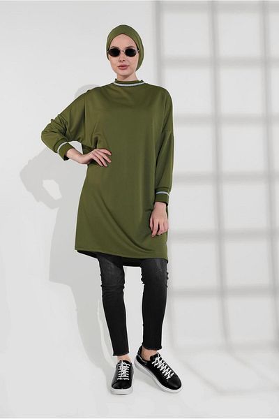 TRENDTESETTÜR Women's Khaki Glitter Detailed Round Neck Tunic 0712
