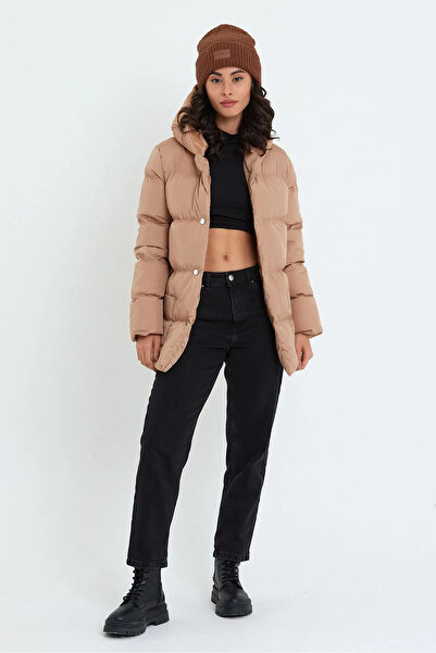 HOPLEVER Kadın Kahverengi Kapüşonlu Şişme Mont