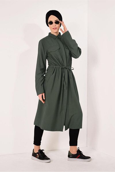 TRENDTESETTÜR Women's Khaki Drawstring Waist Pocket Detailed Tunic 0008