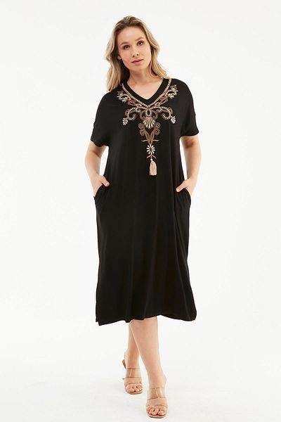 Ebsumu Μαύρο Κέντημα Άνετο Φόρεμα Plus Size