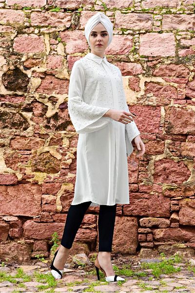 TRENDTESETTÜR Women's Ecru Beaded Wide Sleeve Tunic T 52381