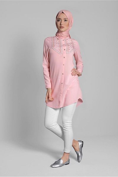 TRENDTESETTÜR Women's Powder (SOMON) Embroidered Cotton Tunic 2174