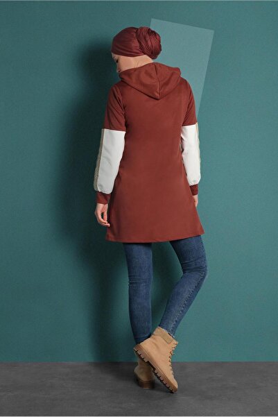 TRENDTESETTÜR Women's Brown (TILE) Hooded Embroidery Detailed Tracksuit Tunic 2655