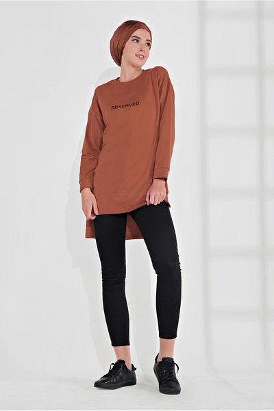 TRENDTESETTÜR Women's Brown (TILE) Cotton Text Printed Tunic 2300
