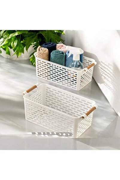 ÇERÇİ MELEK White Wooden Colored Plastic Handle Organizer Basket Set of 2