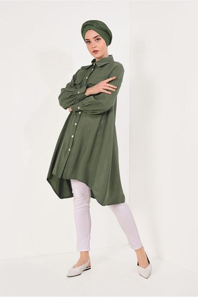 TRENDTESETTÜR Khaki Color Asymmetrical Women's Tunic - Length Button t 7026
