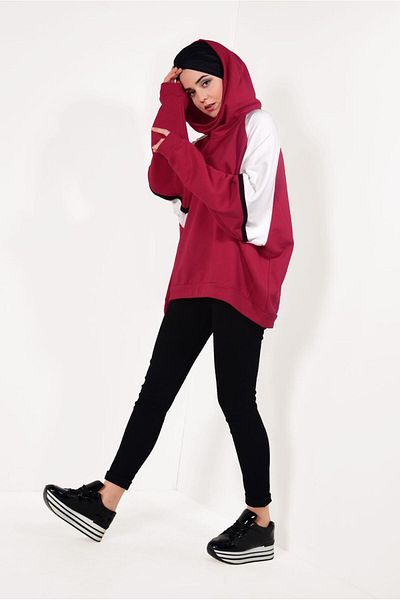 TRENDTESETTÜR Women's Red Hooded Bat Sleeve Tracksuit Tunic T 53041